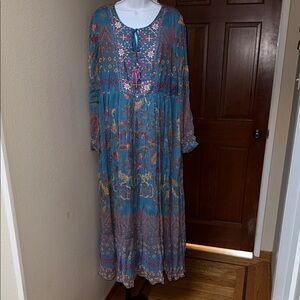 NWOT Soft Surroundings Maripani Boho Embroidery Blue Maxi Floral Dress Women’s L